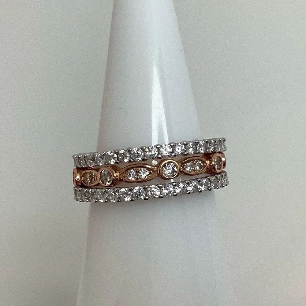 Sizes 4-10, 3 Pc Two Tone .925 Cz Eternity Band Ring Set - Picture 8 of 16